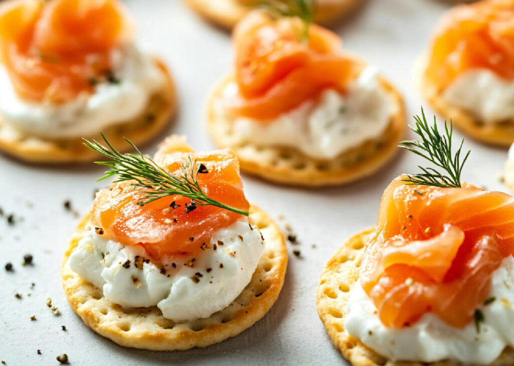 Canapés de galletas con salmón ahumado y queso crema